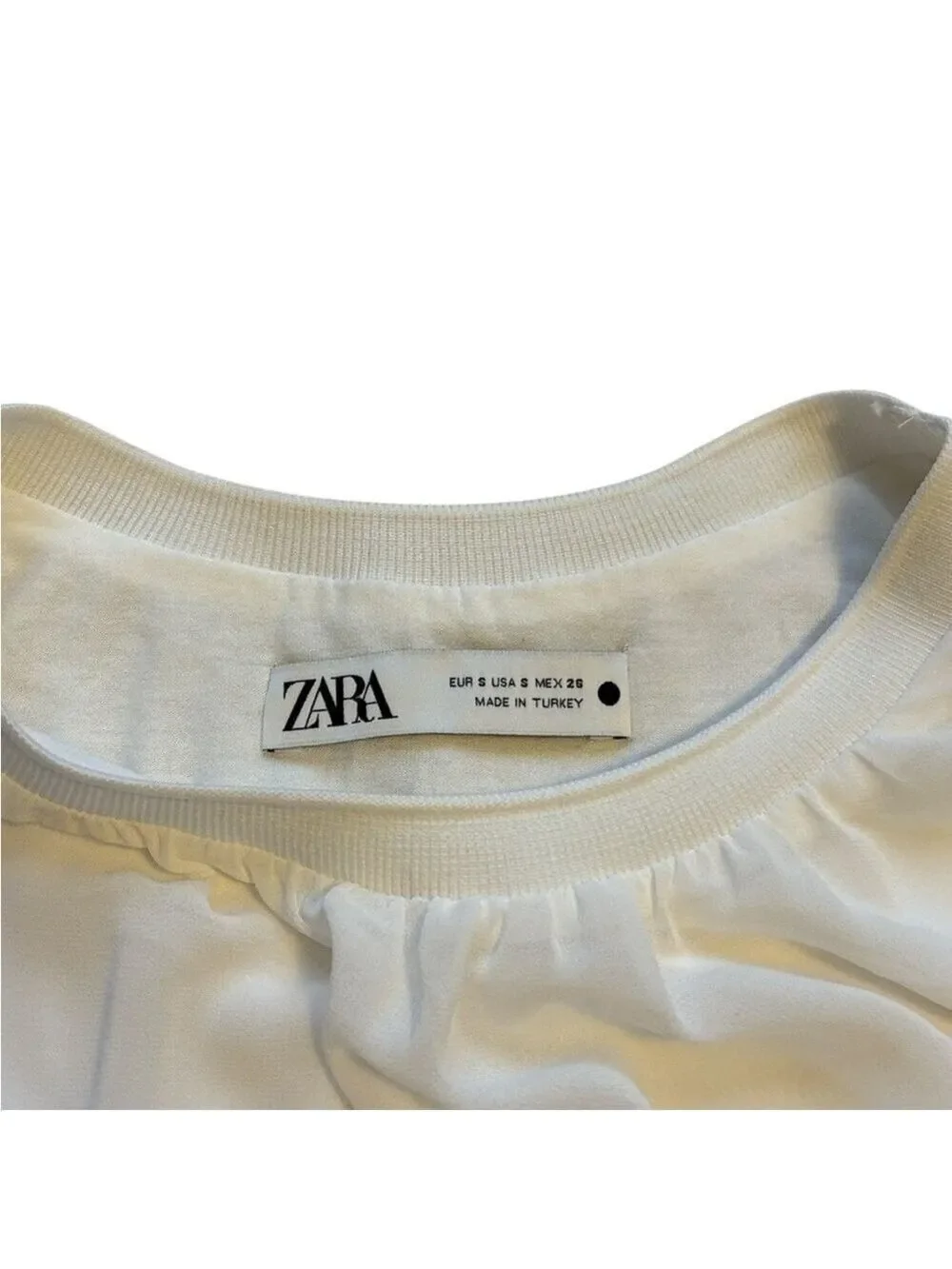 Zara Classic Blouse Puff Sleeves Gathered Neck Flowy White Size S